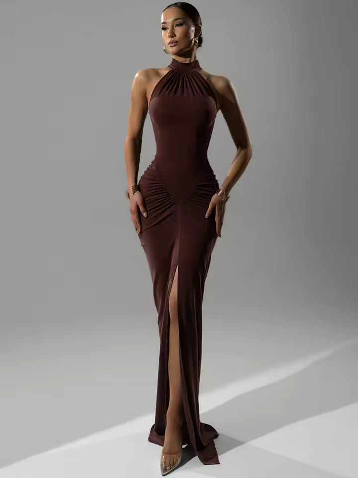 Mozision Halter Ruched Sleeveless Sexy Maxi Dress Women Gown Fashion Slim High Waist Evening Club Party Split Long Dress
