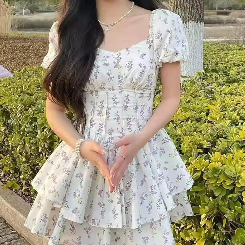 Spring Summer Hot Sale Of The Season Fashionable Korean Style Floral Print Puff Sleeve Slimming Waist Dress Chichi Grape Gentle