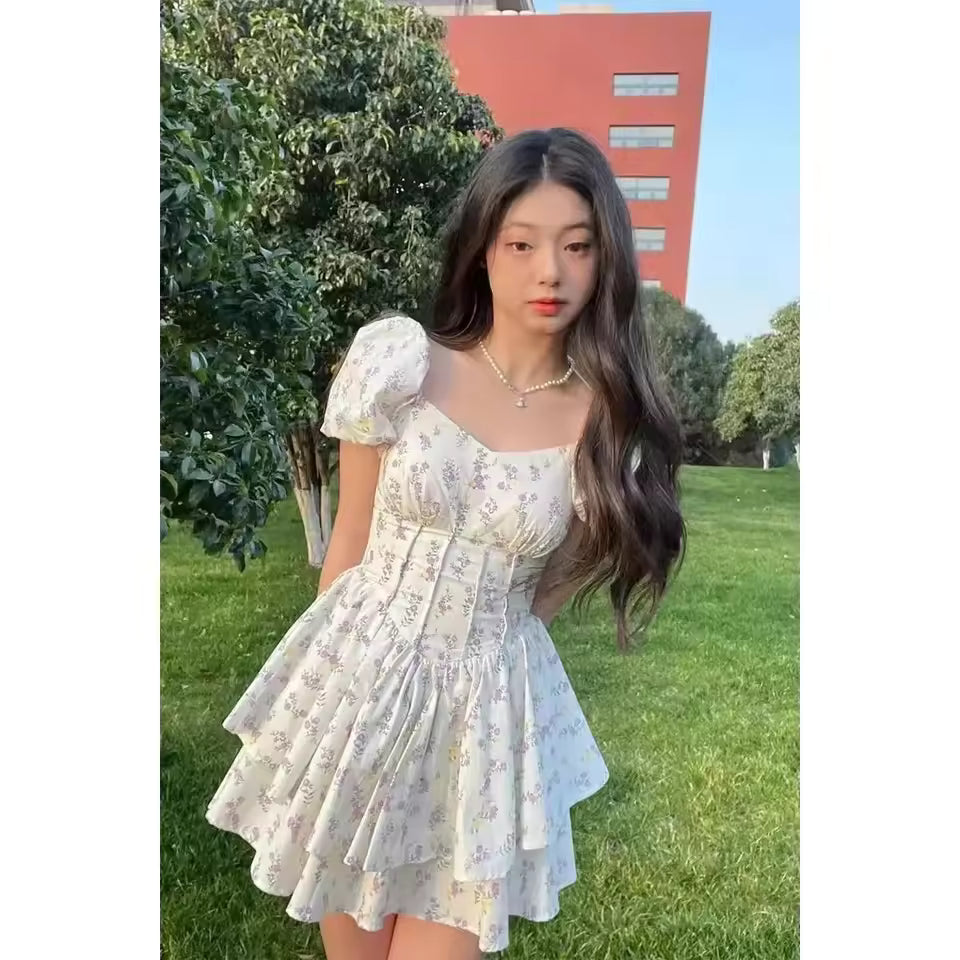 Spring Summer Hot Sale Of The Season Fashionable Korean Style Floral Print Puff Sleeve Slimming Waist Dress Chichi Grape Gentle