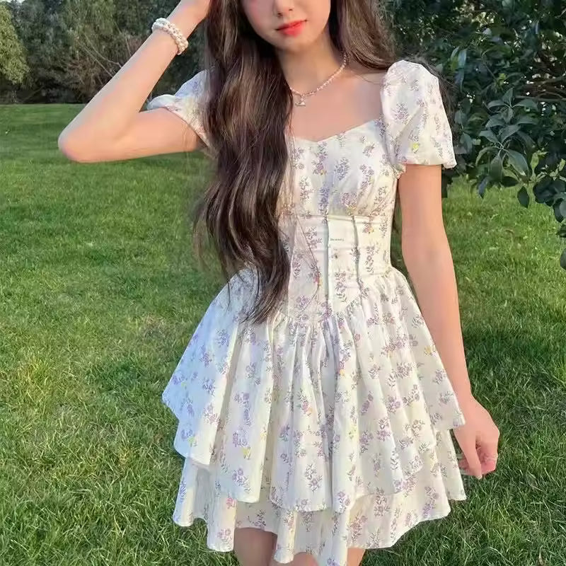 Spring Summer Hot Sale Of The Season Fashionable Korean Style Floral Print Puff Sleeve Slimming Waist Dress Chichi Grape Gentle