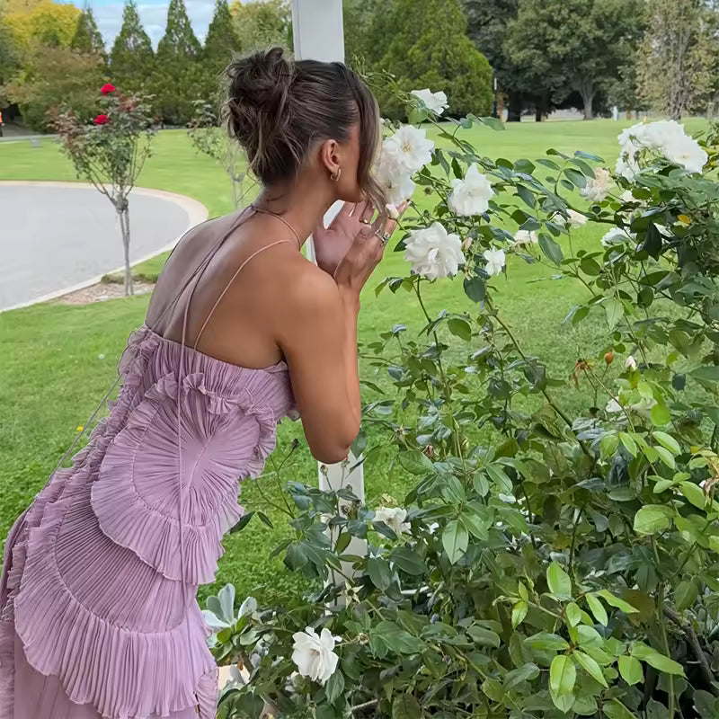 Chic pleated halter neck long vacation dress high quality purple strapless Lotus Edge Maxi Dress 2025 New Lady Vacation Gowns