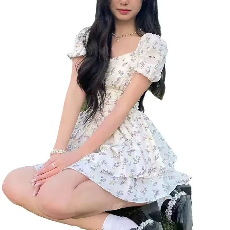 Spring Summer Hot Sale Of The Season Fashionable Korean Style Floral Print Puff Sleeve Slimming Waist Dress Chichi Grape Gentle