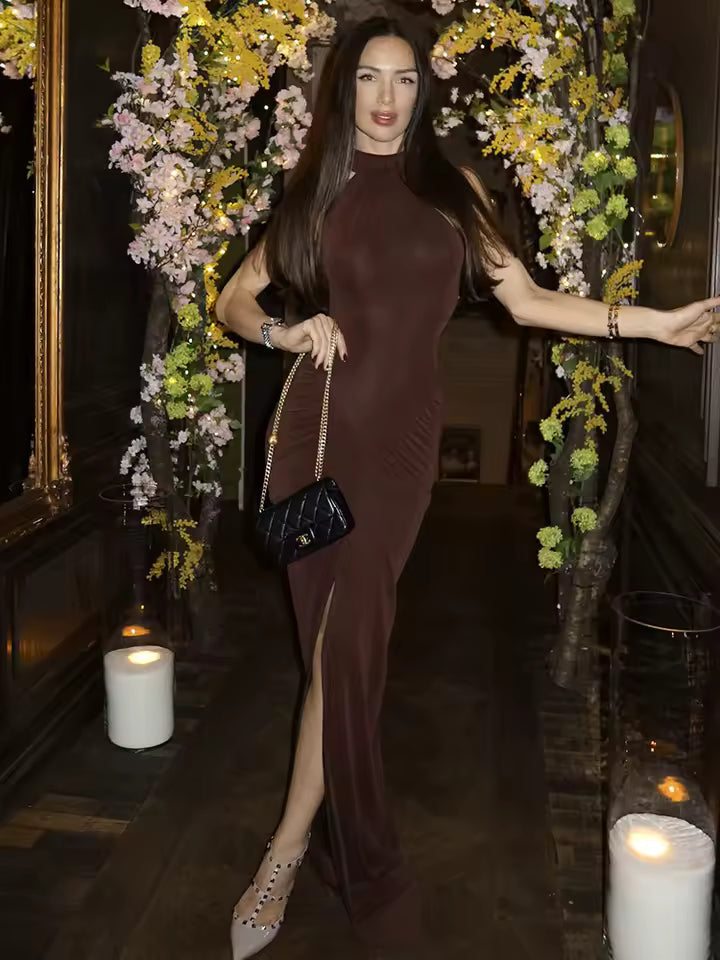 Mozision Halter Ruched Sleeveless Sexy Maxi Dress Women Gown Fashion Slim High Waist Evening Club Party Split Long Dress