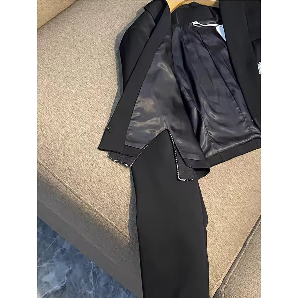 High Quality Pearl Rhinestone Short Blazer Sexy Mini Skirt Women Black Fashion Casual Party Suit 2Pcs Lady Set Autumn Winter New