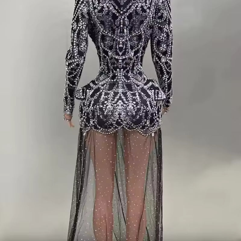 Yiling unique crystal sequins evening dress net lace fringe long dress club dress black sexy jazz singer dancer stage costume