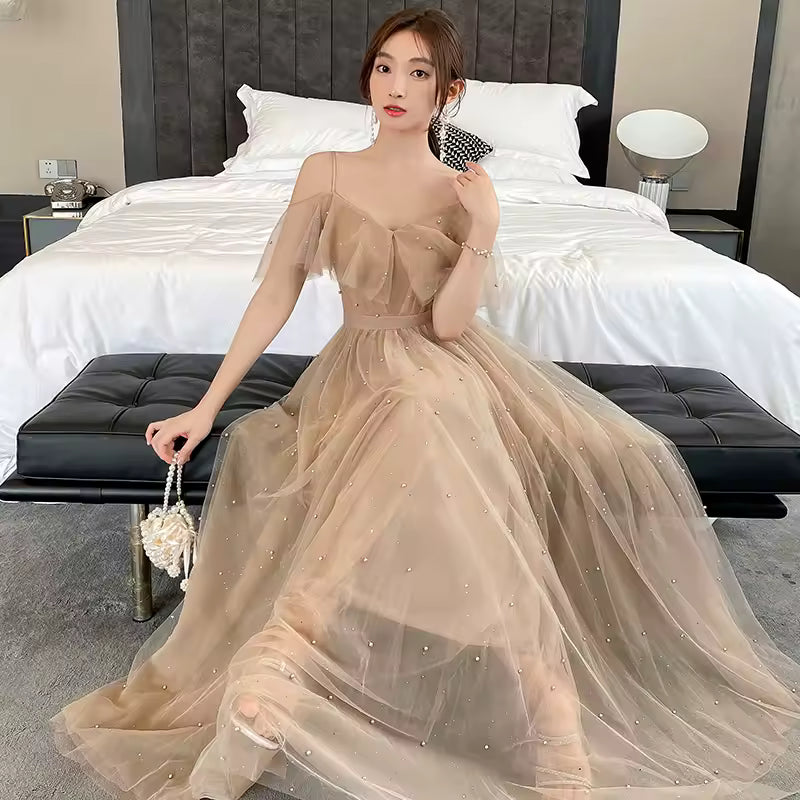 Ele Long Evening Gown Maids of Summer Fairy Aosphere New 2025 High Waist Pearl Embellied Floor Length Women's D...