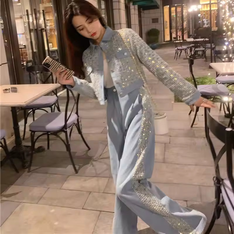 Korean 2023 New Spring two-piece Sets denim sequin jacket+ wide leg Jeans Casual Suits