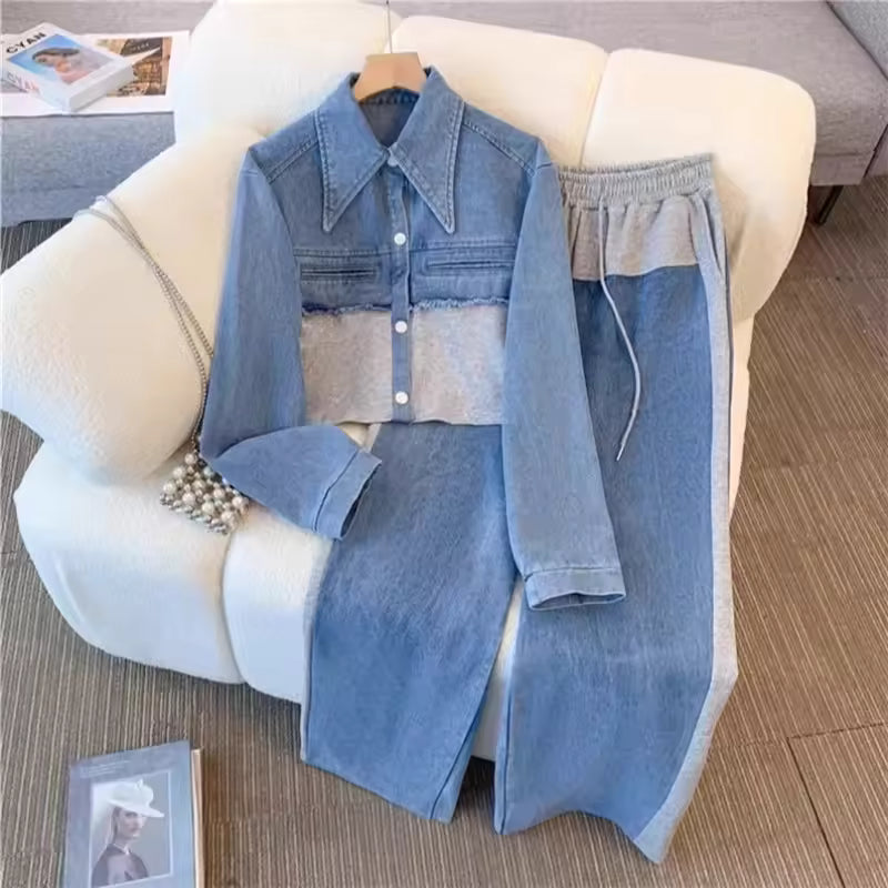 2024 Vintage Women Patchwork Denim Jacket Pant Sets Long Sleeve Cropped Coat+High Waist Wide Leg Pants Streetwear Suit Female