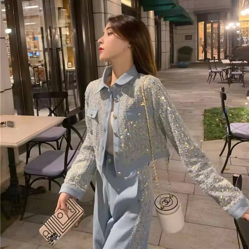 Korean 2023 New Spring two-piece Sets denim sequin jacket+ wide leg Jeans Casual Suits
