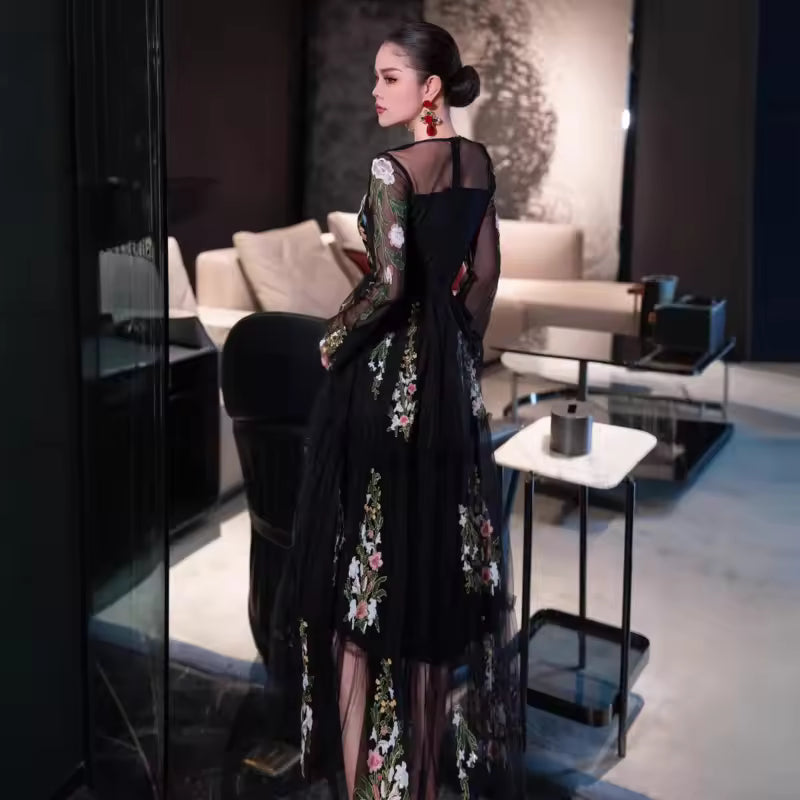 TLIT Fashion Women's Embroidery Mesh Spliced Dresses Round Neck High Waist Long Sleeve Slim Evening Dress Spring 2025 New SK1828