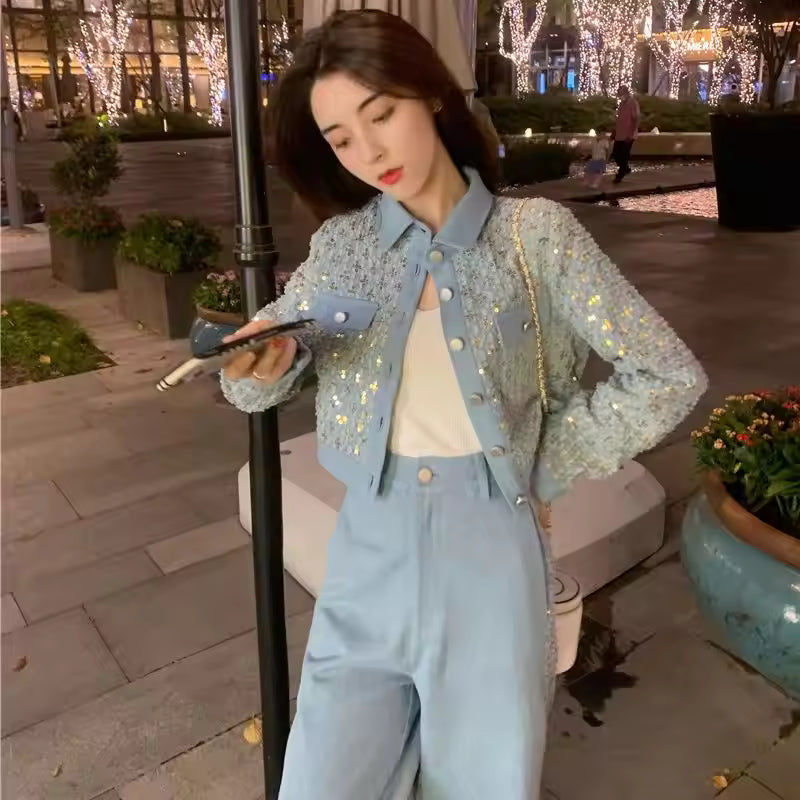Korean 2023 New Spring two-piece Sets denim sequin jacket+ wide leg Jeans Casual Suits