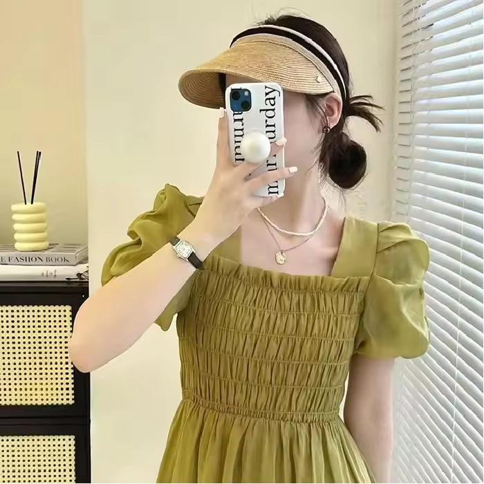 Summer Hot Sale Of The Season Fashionable French Style Tea Break Waist-Cinching Square Collar Pleated Long Dress Short Sleeve Wo