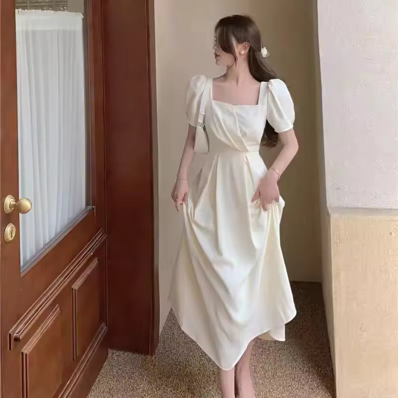 New Hepburn French Style Long Summer Dress Slimming Gown Collared Puff Sleeve Knee-Length Regular Waistline Pleated Elegant