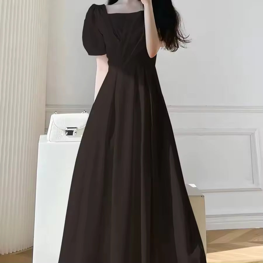 New Hepburn French Style Long Summer Dress Slimming Gown Collared Puff Sleeve Knee-Length Regular Waistline Pleated Elegant