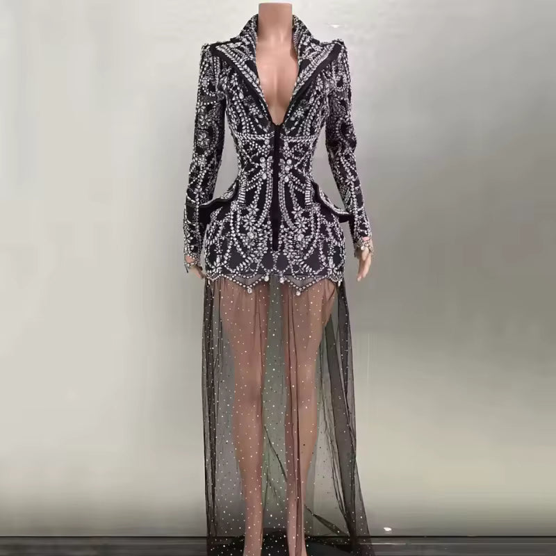 Yiling unique crystal sequins evening dress net lace fringe long dress club dress black sexy jazz singer dancer stage costume