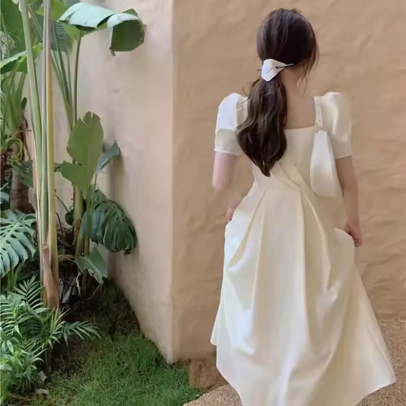New Hepburn French Style Long Summer Dress Slimming Gown Collared Puff Sleeve Knee-Length Regular Waistline Pleated Elegant