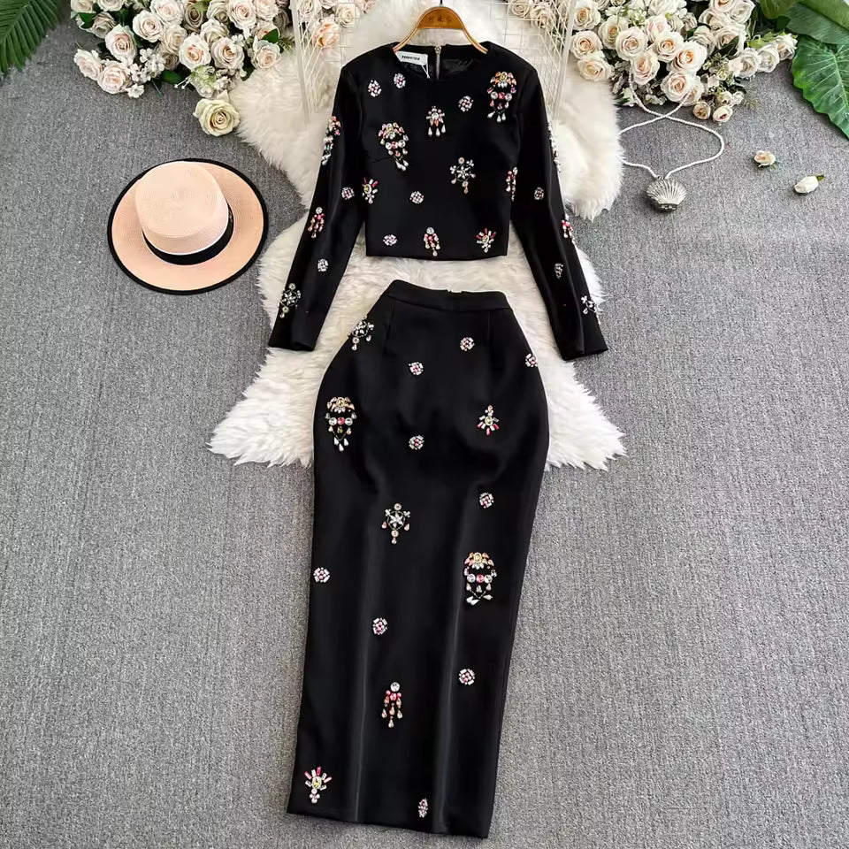 Style Two Piece Set For Women O Neck Long Sleeve Topa High Waist Skinny A Line Skirt Set Female KSE524945