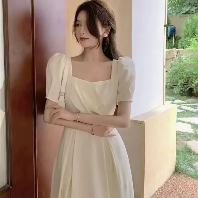 New Hepburn French Style Long Summer Dress Slimming Gown Collared Puff Sleeve Knee-Length Regular Waistline Pleated Elegant