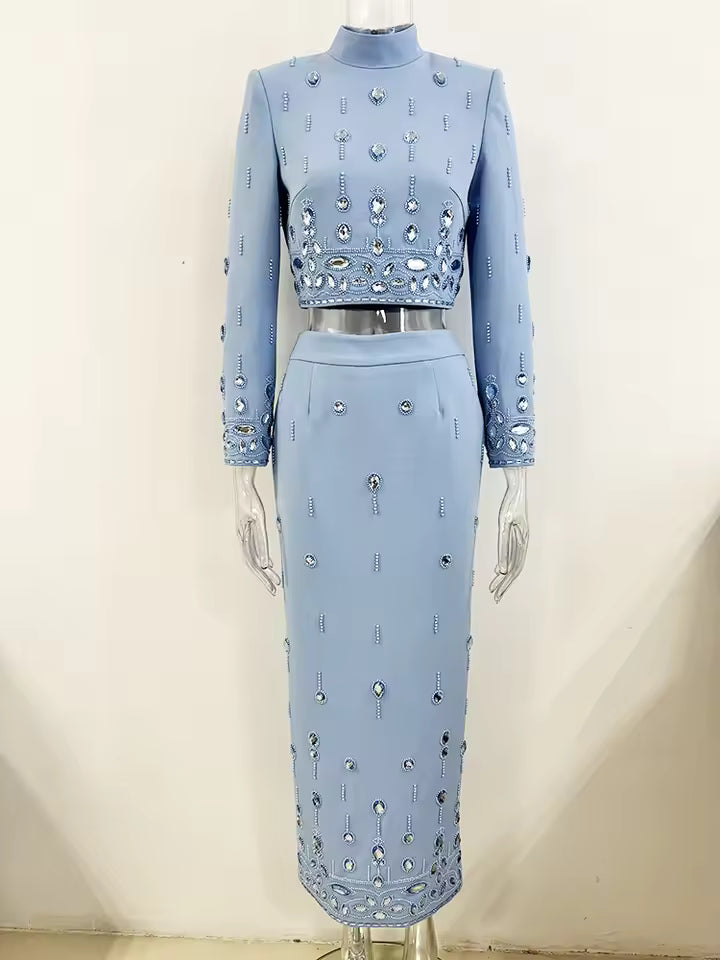 HIGH STREET Newest Fashion 2025 Designer Runway Suit Set Women's Stand Collar Zip Back Cropped Tops Long Skirt Set 2pcs