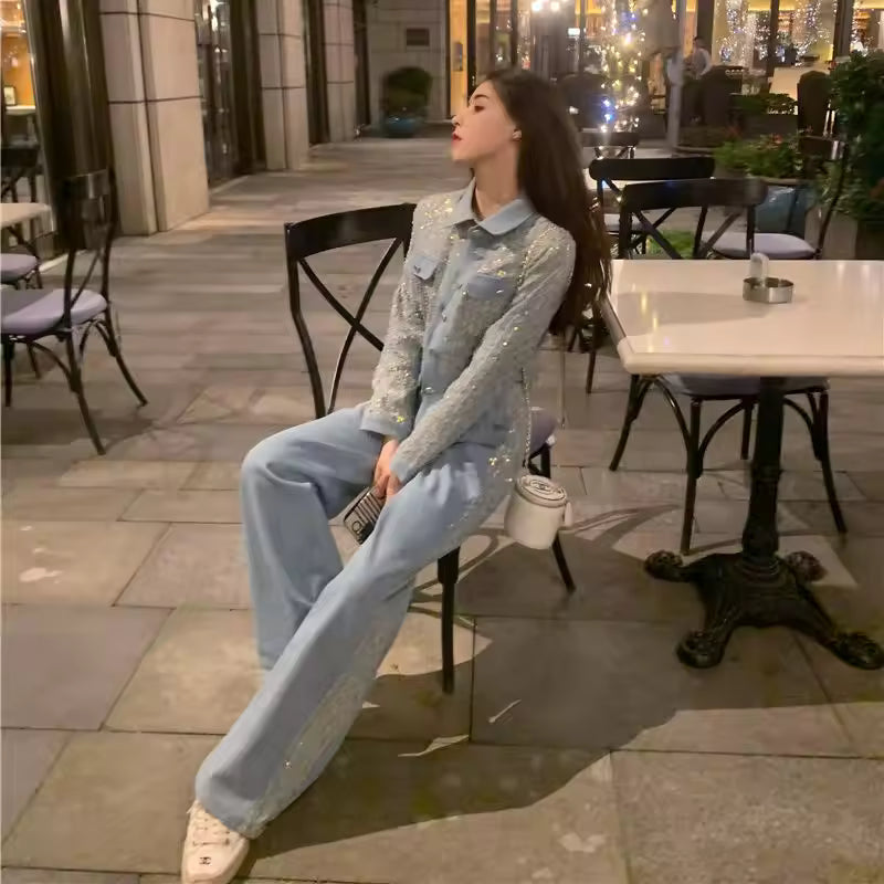 Korean 2023 New Spring two-piece Sets denim sequin jacket+ wide leg Jeans Casual Suits