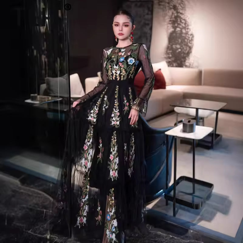 TLIT Fashion Women's Embroidery Mesh Spliced Dresses Round Neck High Waist Long Sleeve Slim Evening Dress Spring 2025 New SK1828