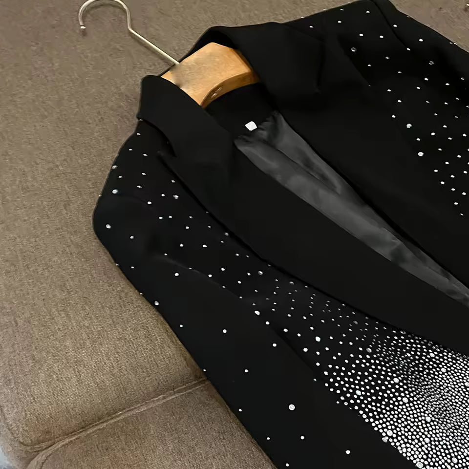 Spliced Diamonds Solid Blazers For Women V Neck Long Sleeve Temperament Coat Female Fashion Style KJA542525