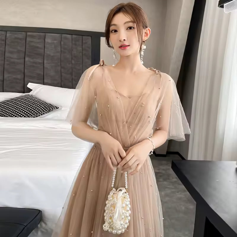 Ele Long Evening Gown Maids of Summer Fairy Aosphere New 2025 High Waist Pearl Embellied Floor Length Women's D...