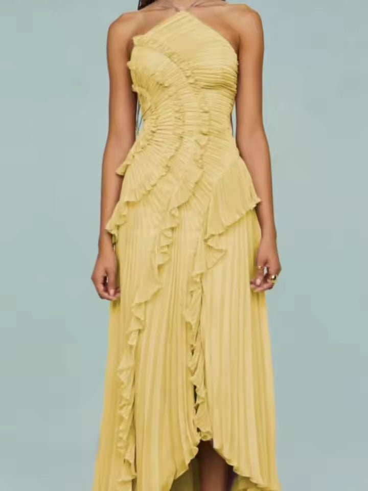 Chic pleated halter neck long vacation dress high quality purple strapless Lotus Edge Maxi Dress 2025 New Lady Vacation Gowns
