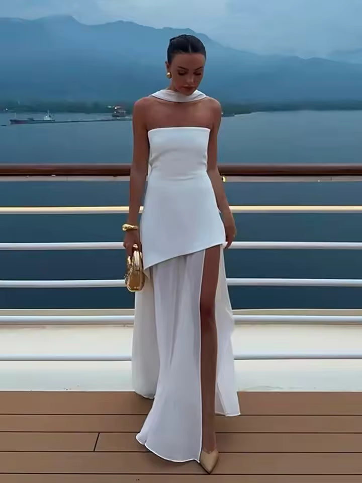 Fashion Strapless Ribbon Mesh Patchwork Maxi Dress Elegant Sleeveless Backless Vacation Long Robes 2025 New Women Beach Dresses