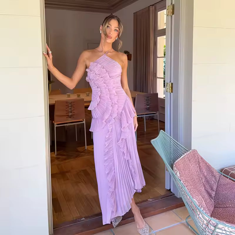 Chic pleated halter neck long vacation dress high quality purple strapless Lotus Edge Maxi Dress 2025 New Lady Vacation Gowns