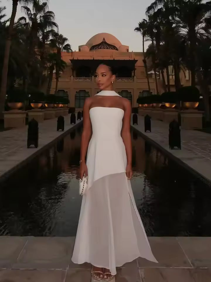 Fashion Strapless Ribbon Mesh Patchwork Maxi Dress Elegant Sleeveless Backless Vacation Long Robes 2025 New Women Beach Dresses