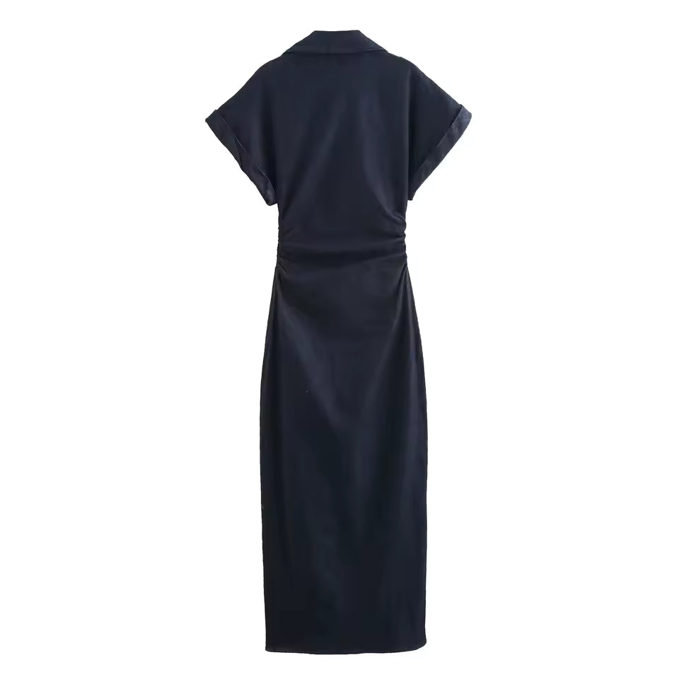 2025 Spring New 1975 series denim MIDI dress with lapel side zipper fashion wrinkle waist slim elegant dress