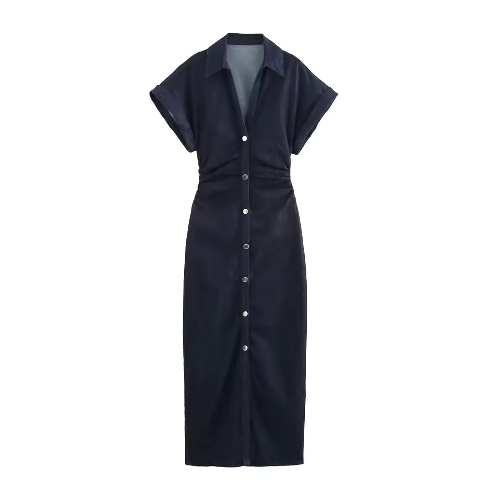 2025 Spring New 1975 series denim MIDI dress with lapel side zipper fashion wrinkle waist slim elegant dress