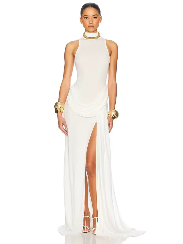 Blifanbo Turtleneck Off-shoulder Sleeveless Thigh Split High Waist Pleated Maxi Dress For Women Elegant Fashion Club Party Dress