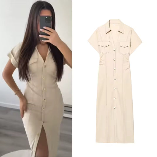 2025 Spring New 1975 series denim MIDI dress with lapel side zipper fashion wrinkle waist slim elegant dress