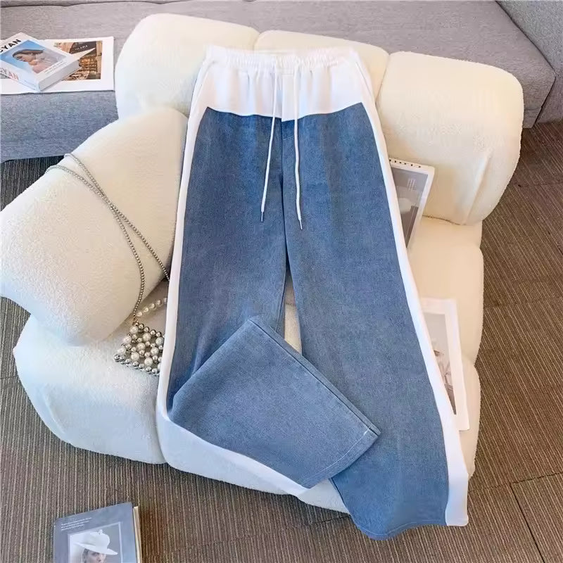 2024 Vintage Women Patchwork Denim Jacket Pant Sets Long Sleeve Cropped Coat+High Waist Wide Leg Pants Streetwear Suit Female