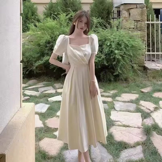 New Hepburn French Style Long Summer Dress Slimming Gown Collared Puff Sleeve Knee-Length Regular Waistline Pleated Elegant