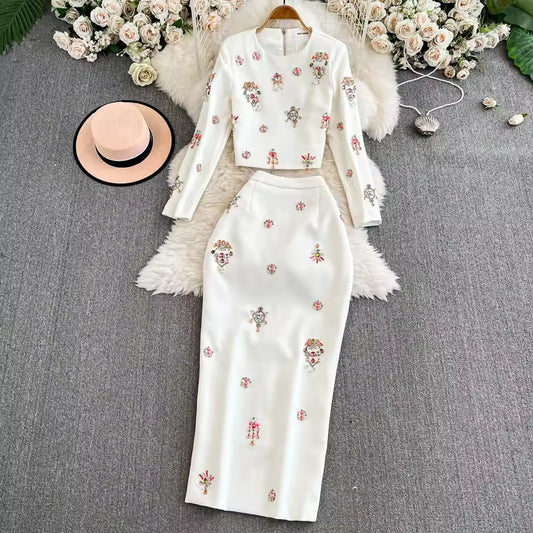 Style Two Piece Set For Women O Neck Long Sleeve Topa High Waist Skinny A Line Skirt Set Female KSE524945