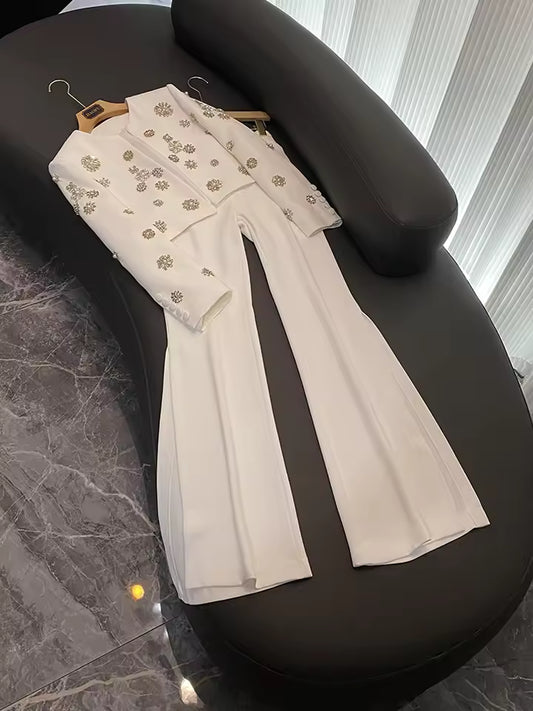 Luxury Fine Workmanship Beads Rhinestone Lady Suit Short Length Coat Slit Wide Leg Pants Women 2Pcs White