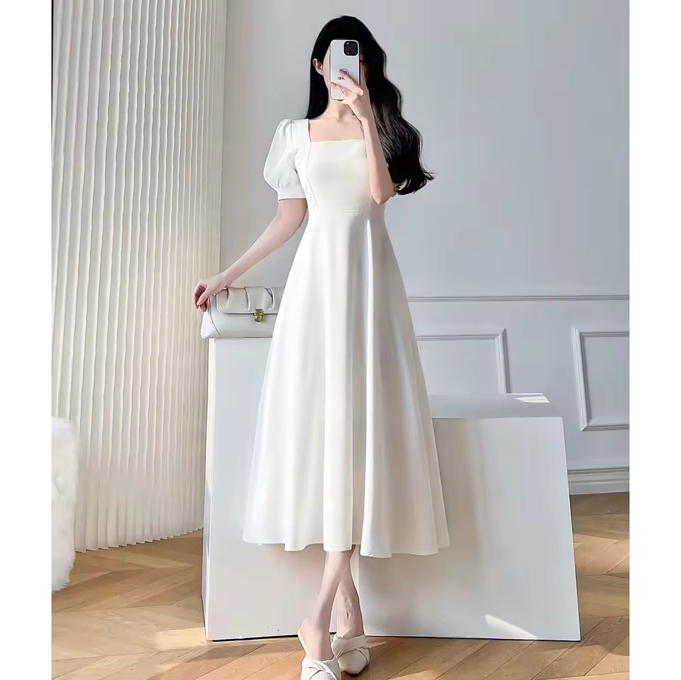 Retro women's long dress party ball bubble sleeves square collar temperament slim fit long dress summer clothing