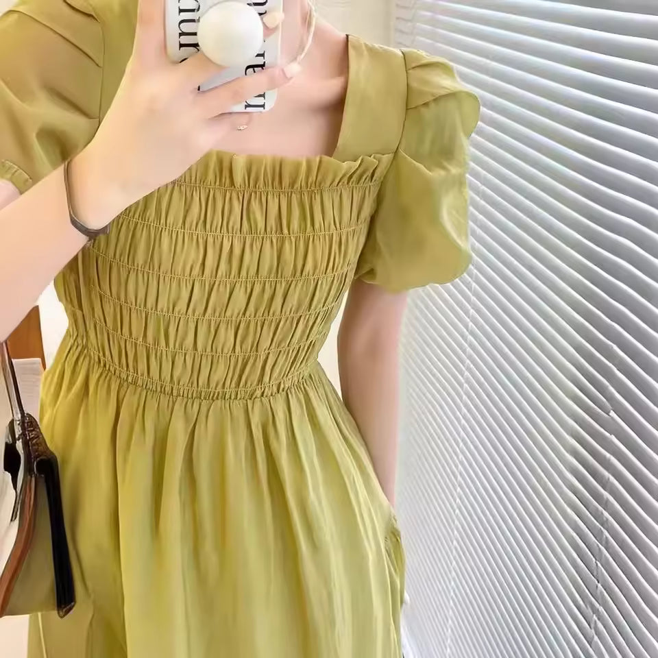 Summer Hot Sale Of The Season Fashionable French Style Tea Break Waist-Cinching Square Collar Pleated Long Dress Short Sleeve Wo