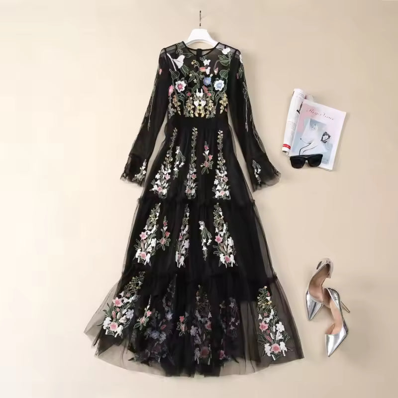 TLIT Fashion Women's Embroidery Mesh Spliced Dresses Round Neck High Waist Long Sleeve Slim Evening Dress Spring 2025 New SK1828