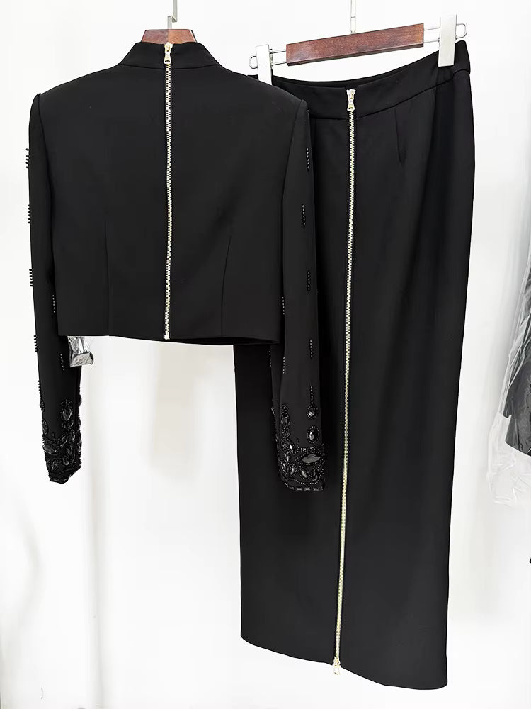 HIGH STREET Newest Fashion 2025 Designer Runway Suit Set Women's Stand Collar Zip Back Cropped Tops Long Skirt Set 2pcs