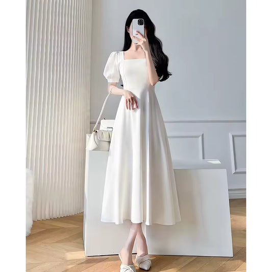 Retro women's long dress party ball bubble sleeves square collar temperament slim fit long dress summer clothing