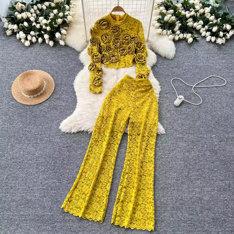 Women Three-dimensional floral loose T Shirt Bodycone Tops Female High Street Y2k Tops Summer Two Piece Set