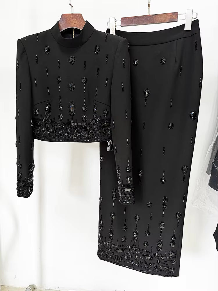 HIGH STREET Newest Fashion 2025 Designer Runway Suit Set Women's Stand Collar Zip Back Cropped Tops Long Skirt Set 2pcs