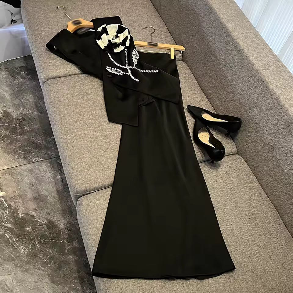 Elegant Two Piece Sets For Women V Neck Sleeveless Spliced Appliques Top High Waist Skirt Chic Set Female KSE542450