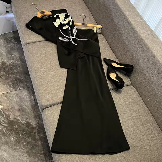 Elegant Two Piece Sets For Women V Neck Sleeveless Spliced Appliques Top High Waist Skirt Chic Set Female KSE542450