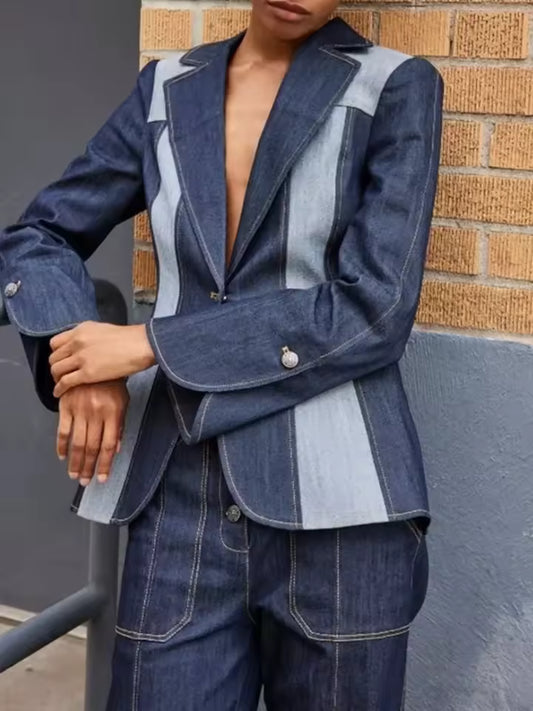 Modigirl 2024 Autumn Winter Women's Denim Coat Contrast Color Split-Joint Deep V-Neck Classic Jean Jacket Outerwear for Female