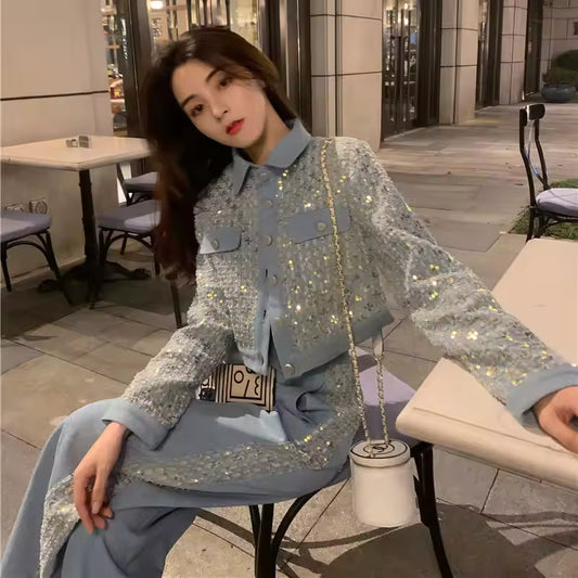 Korean 2023 New Spring two-piece Sets denim sequin jacket+ wide leg Jeans Casual Suits